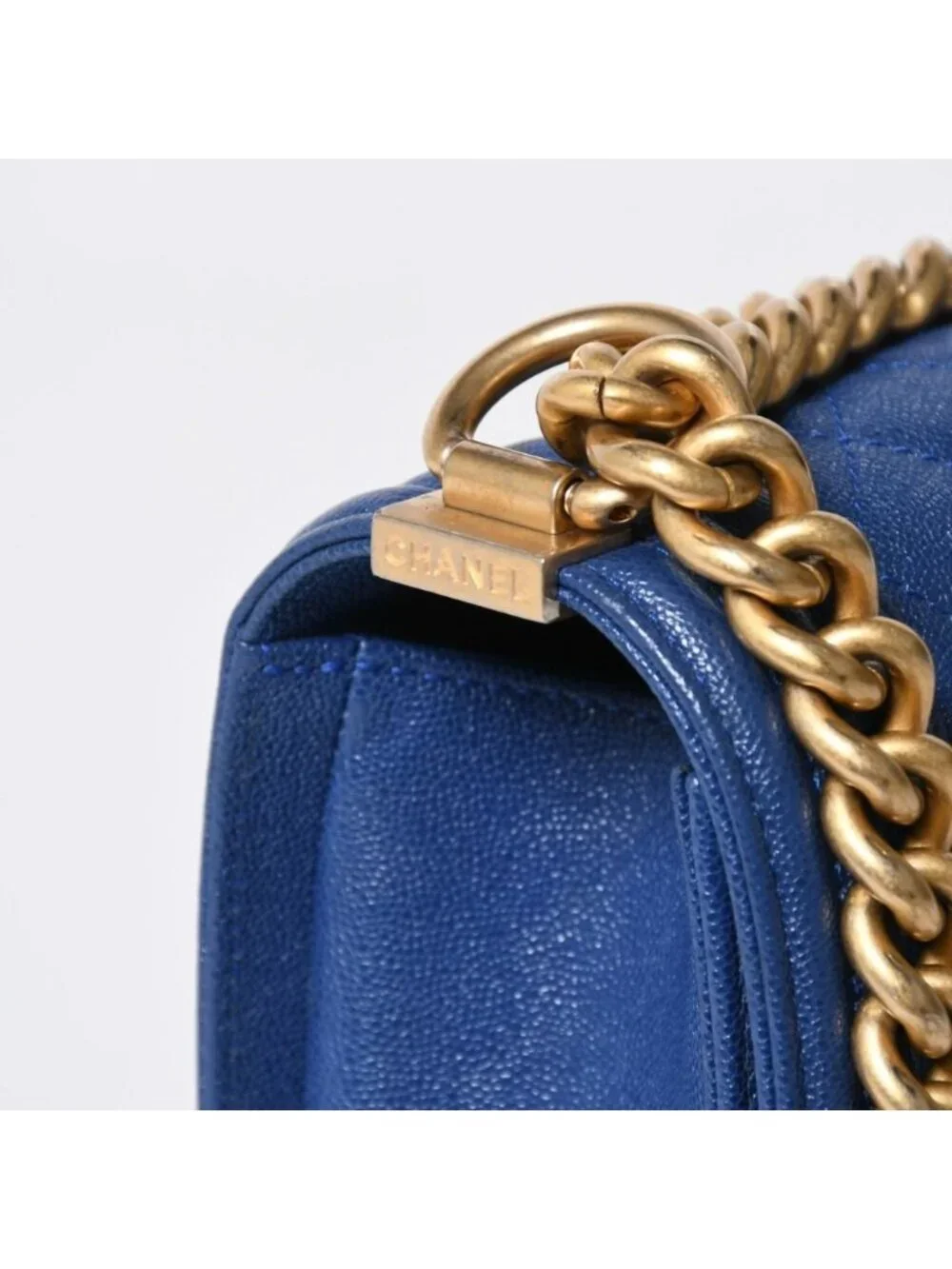 Chanel Boy Chain Shoulder Bag Blue Caviar Leather Gold
